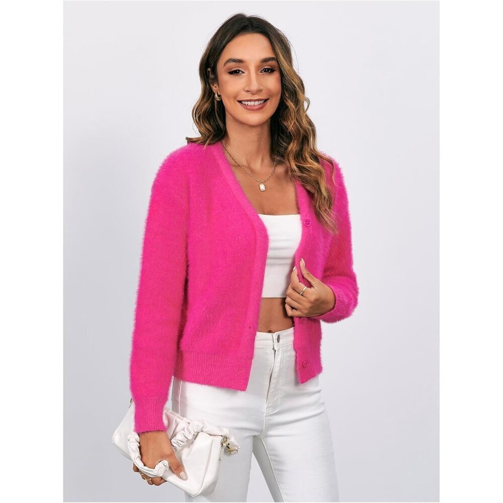 Women's Fuzzy Acrylic V Neck Button Down Long Sleeve Crop Cardigan - Picture 3 of 6